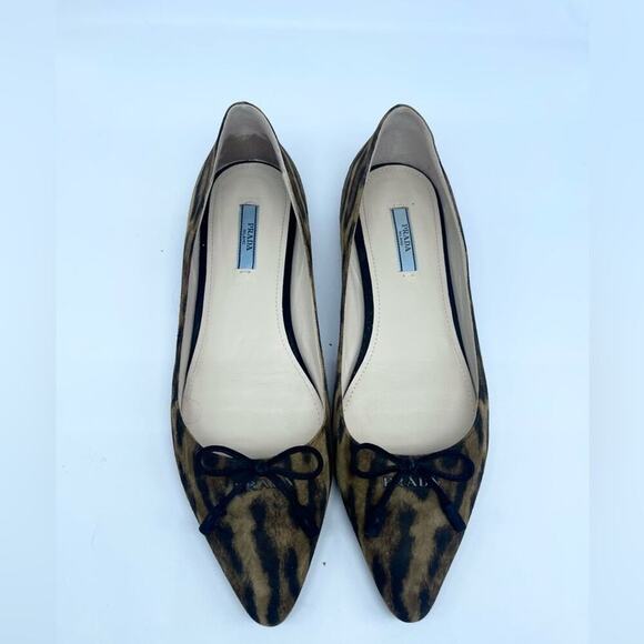 Prada Black Brown Leopard print calf hair Pointed toe ballet flats EU 39.5 - Picture 2 of 11